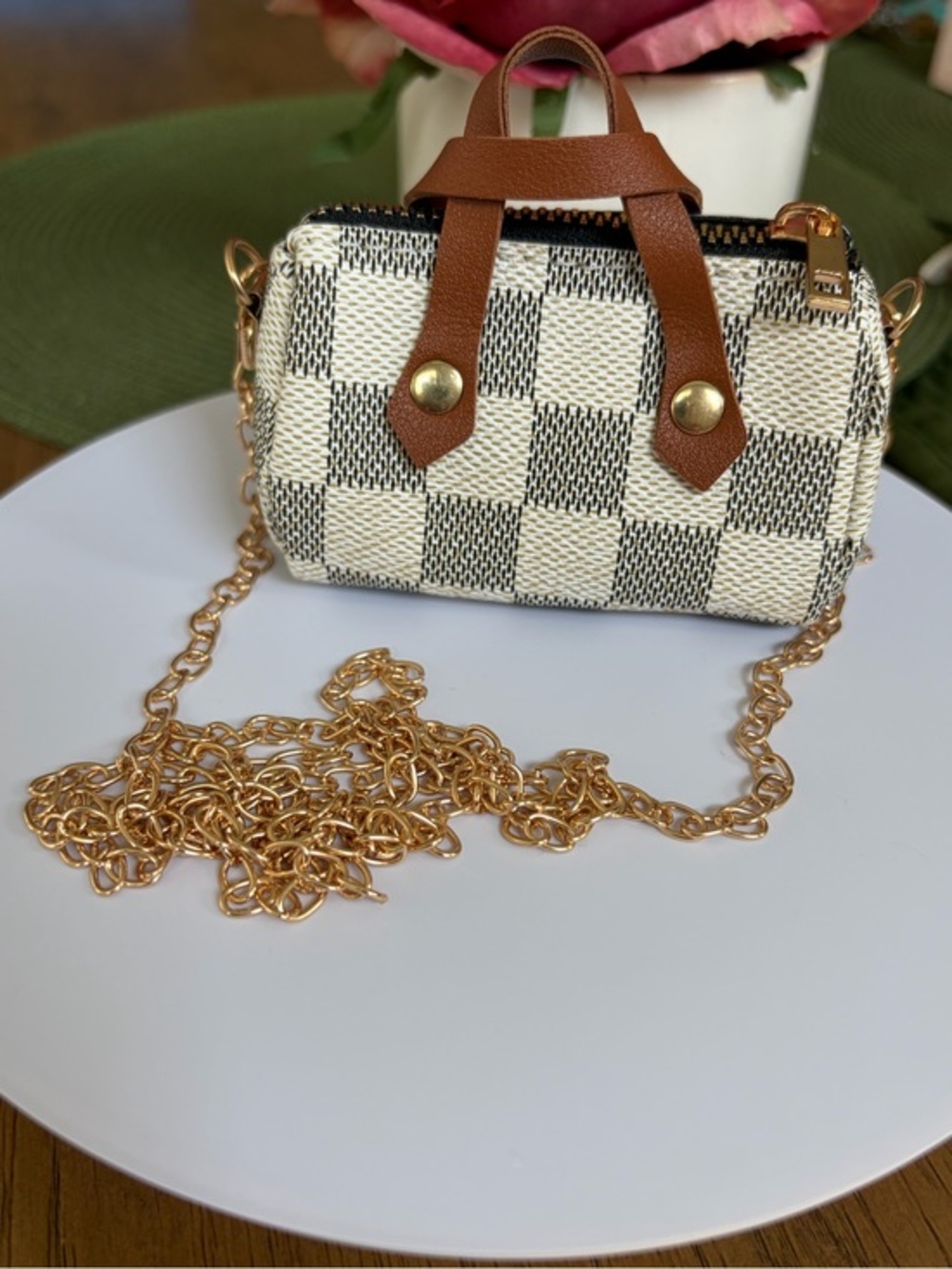 Checker Canvas Mini Crossbody Bag with Chain NWOT